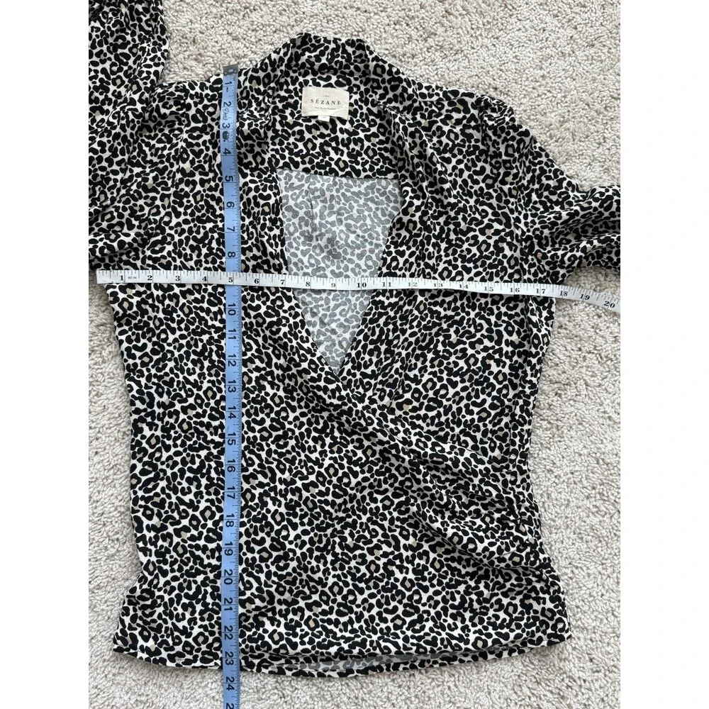 Sezane Abelia Cream Leopard Faux Wrap Blouse Long Sleeve Draped V-Neck Sz 34/XS